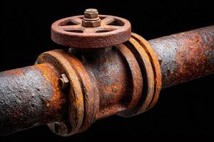 Rusty gate valve controlling flow in old metal pipe photo
