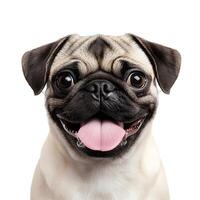 Happy pug puppy panting on white background photo