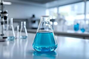 Erlenmeyer flask containing blue chemical solution in laboratory setting photo