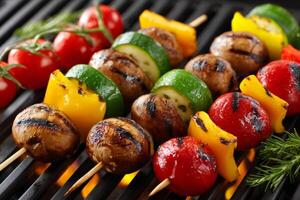 Grilling vegetable skewers with zucchini, mushrooms, bell peppers and cherry tomatoes photo