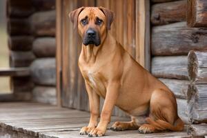 Rhodesian ridgeback dog sitting on porch of log cabin photo