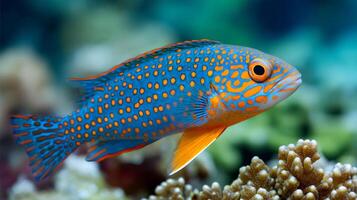 Mandarin fish swimming over coral reef in vibrant tropical ocean photo