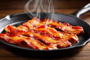 Delicious crispy bacon sizzling in a cast iron pan photo