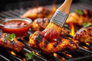 Chef applying barbecue sauce on grilled chicken wings with a brush photo