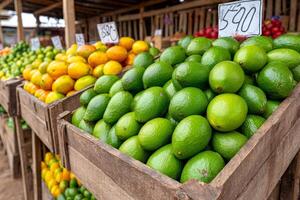 Fresh avocados, oranges and limes displayed at a vibrant market stall photo