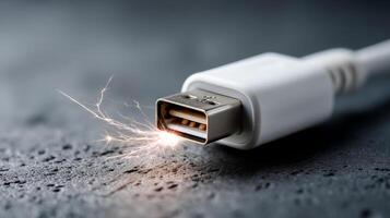 USB cable sparks on connect. A USB cable emits sparks as it connects to a device, showcasing a moment of electrical interaction. photo