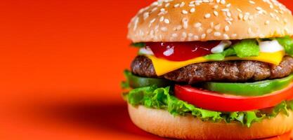 Delicious burger with fresh ingredients. A burger stacked with lettuce, tomato, cheese, and sauces against a vibrant orange background, evoking appetite. photo