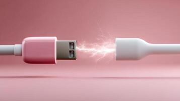 Power connection between USB cable ends. Two USB cable ends are connecting, creating sparks in a soft pink background, showcasing technology interaction. photo