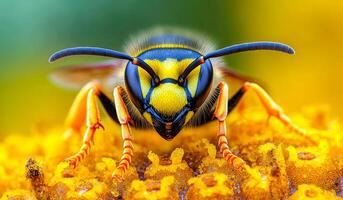 Bee on a flower close-up. A colorful bee gathers nectar from a bright yellow flower during a sunny day, showcasing nature's beauty and detail. photo