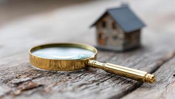 Exploring details of a miniature house. A magnifying glass rests on a wooden surface beside a small model house, highlighting its intricate details. photo