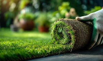 Installing fresh sod for a vibrant lawn. A hand rolls out newly laid sod with green grass, enhancing the backyard while preparing the garden for growth. photo