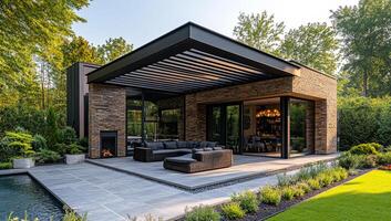 Modern outdoor living space with pool. Chic outdoor space with modern furniture, a pool, and greenery ideal for relaxing and socializing. photo