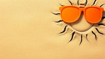Sunglasses in sandy sun. Bright orange sunglasses are placed in light sand, creating a playful sun design, capturing the essence of a sunny day. photo