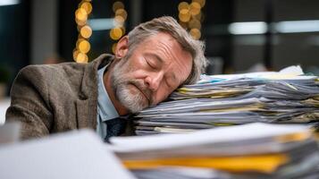 Tired worker rests on papers. Office worker leans on a tall stack of documents, showing signs of fatigue and stress during long hours. photo