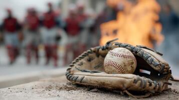 Baseball gear by flames. A weathered baseball glove cradles a ball, while players in red uniforms stand behind a fire at a sporting event. photo