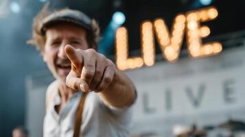 Musician shines at live show. A performer joyfully engages the audience during a live music event, creating an energetic atmosphere. photo
