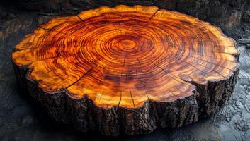 Intricate large tree stump. Close-up of a polished tree stump, highlighting vibrant wood patterns and natures craftsmanship. photo