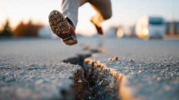 Runner on cracked pavement at dusk. Runner speeds away from a large crack on the pavement during a picturesque sunset, emphasizing urgency and movement. photo