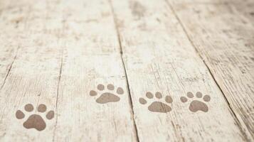 Paw prints on rustic wooden floor. Faint paw prints mark a weathered wooden floor in a cozy indoor setting, suggesting a playful pet visit. photo