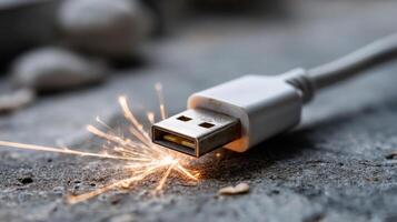 USB cable creates sparks on the ground. A USB cable sparks on a surface, suggesting a possible electrical issue or connection problem. photo