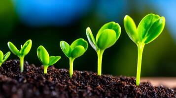 New seedlings sprouting in fertile soil. Green seedlings emerge from dark soil under bright sunlight, showcasing early growth in a garden setting. photo