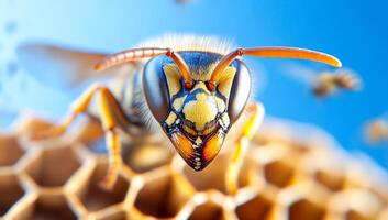 Close-up view of a vibrant honey bee. A close-up of a colorful honey bee with detailed features, gathering pollen near its honeycomb habitat. photo