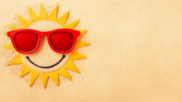 Sunny smiley on the sand. A cheerful sun figure made of yellow material with red sunglasses rests on warm sandy beach. photo