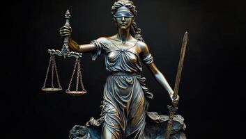 Justice figure holding scales and sword. A bronze sculpture of Lady Justice with scales and sword, symbolizing law and equality on a dark background. photo