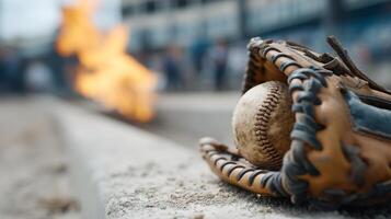 Baseball glove and ball near a fire. A baseball glove rests on the ground beside a ball, with flames flickering in the background during a lively event. photo