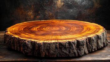 Polished wooden log display. A captivating polished wooden log slice showcases its natural rings and texture, adding rustic charm to any decor. photo