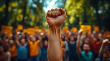 People rallying for change in the park. Supporters gather in the park, raising fists and signs to advocate for their cause during a peaceful protest. photo