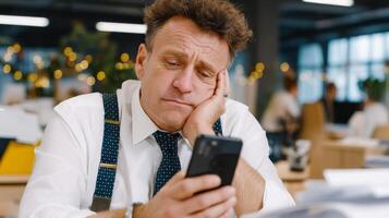 Frustrated man at work. A man in formal attire looks at his phone with a frustrated expression while sitting at a busy office desk. photo