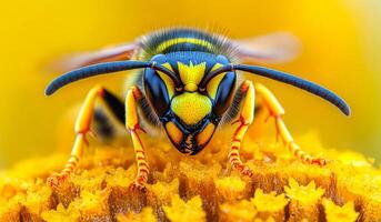 Bee on a bright flower. A detailed observation of a bee collecting pollen from bright yellow flower petals in a sunlit garden. photo