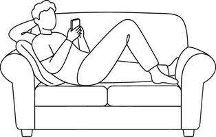 Man lying on sofa using smartphone for leisure and relaxation in casual home setting digital lifestyle vector