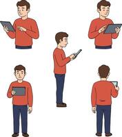 Man Using Tablet in Multiple Poses Digital Device Interaction Illustration for Technology and Lifestyle vector