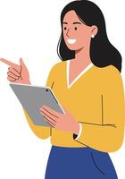 Woman with digital tablet pointing and smiling in casual yellow and blue outfit illustration vector