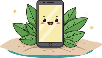 Cute smiling smartphone character with green leaves background digital illustration for technology and nature concept vector