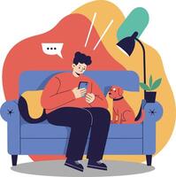 Man using smartphone sitting on blue sofa next to small dog with floor lamp and plant indoors modern lifestyle scene vector