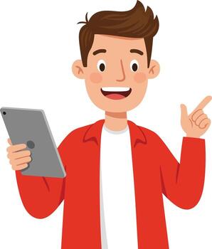 Young man holding tablet and pointing finger with happy expression on green background digital technology concept vector