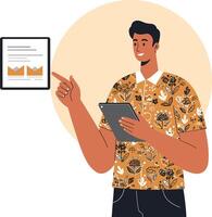 Man pointing at textile patterns on clipboard with floral orange shirt illustration vector
