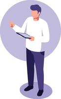 Man holding tablet and pointing with finger in casual outfit on purple background illustration vector