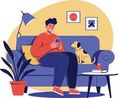 Man sitting on blue sofa with dog looking at smartphone in cozy living room setting vector