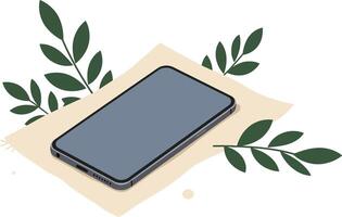 Modern smartphone lying on beige surface with green leaves decoration in minimalistic style digital illustration vector
