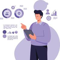 Businessman presenting digital infographic with charts and data analysis in purple tones illustration vector