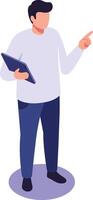 Man standing and pointing while holding digital tablet on purple background in casual clothes illustration vector