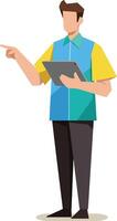 Two men communicating with digital tablet devices in colorful casual clothes illustration vector