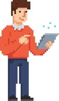 Man using digital tablet pixel art character with red background illustration technology concept vector