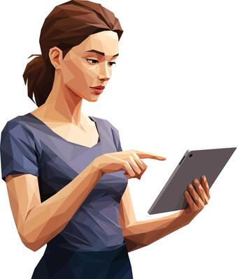 Woman using digital tablet technology device in polygonal style illustration for modern communication and work