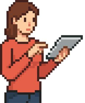 mujer utilizando tableta dispositivo con digital interfaz íconos en verde antecedentes píxel Arte ilustración vector