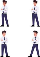 Young professional man in business attire standing with arms crossed in multiple poses illustration vector